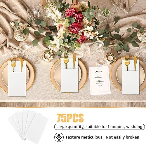 Cindeer 150 Pcs White Linen Dinner Napkins with Built in Flatware - Image 5