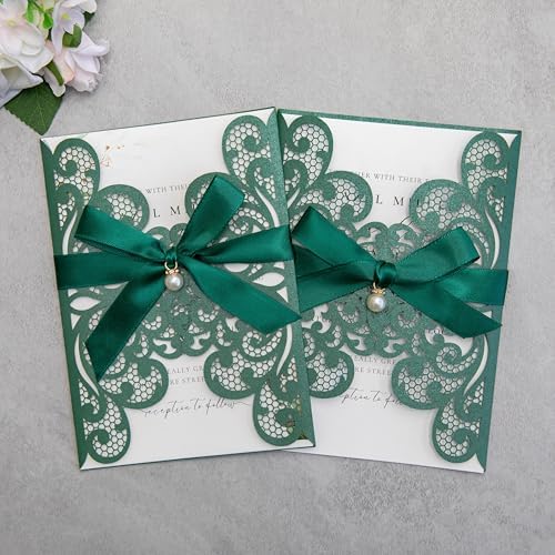 20Pcs Emerald Green Laser Cut Wedding Invitation Cards With Envelopes - Image 5