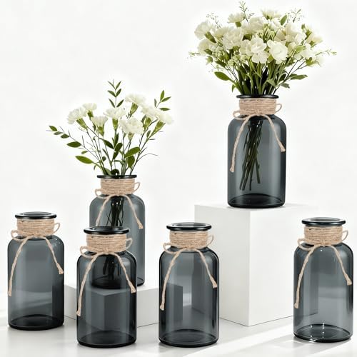 6 Pack Mason Jar Vases for Centerpieces, Black Glass Flower Vase by LEYIQU