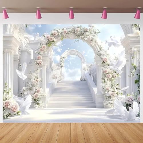 Paradise Gate Sky Stairway to Heaven Backdrop Holy Light Clouds Blue Sky Floral Archway White Doves Background Baby Shower Church Party Newborn Portrait Photo Booth Studio Props (White, 9 * 6feet) - Image 4