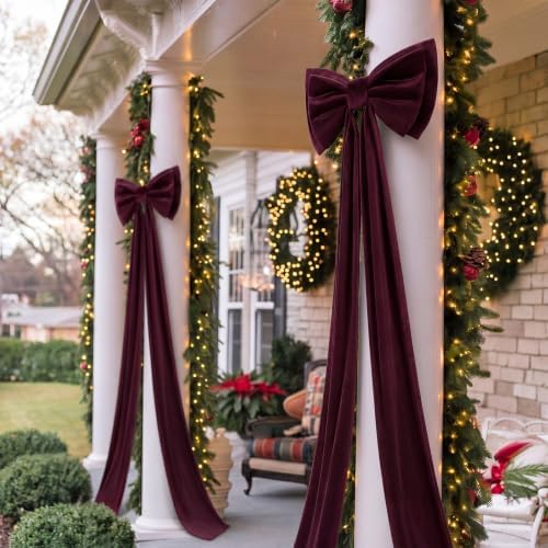 Wavwavw Christmas Giant Velvet Bow Decor Burgundy Red Big Bow 75x18 Inches - Image 6