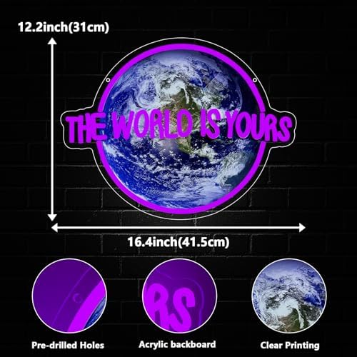 The World is Yours Neon Sign, Planet Led Neon Light Signs for Wall Decor Gaming LED Light up Sign Lamp for Party Bedroom Bar Game Room Man Cave Birthday Gamer Gift Dimmable USB Powered(16.4"*12.2") - Image 3