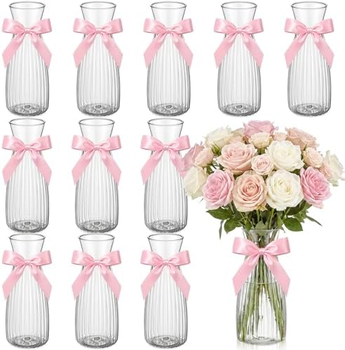 LemonRoad 12 Pcs Vintage Plastic Vases for Centerpieces Small Clear Flower Vase with Pink Ribbon for Farmhouse Wedding Housewarming Pink Birthday Party Favors Rustic Home Tabletop Decoration by Unknown