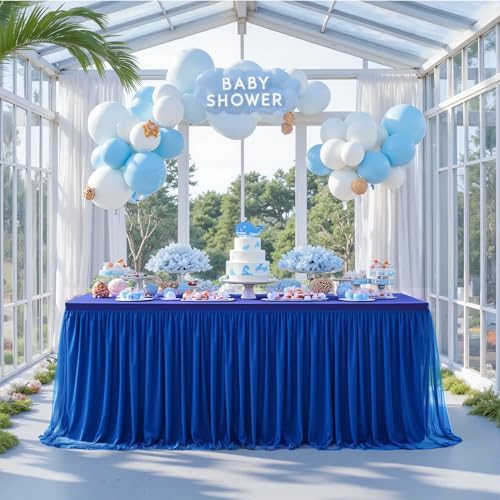 Royal Blue Tablecloth Rectangle 8 Foot Stretch Elastic Tulle Ruffle Tablecloths Rectangular Spandex Table Covers 8ft Birthday Baby Shower Wedding Party Table Cloths with Skirt - Image 2