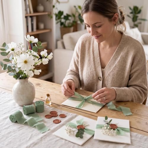 Whaline 120 Sets Wedding Invitation Kits Invite Card Envelopes with Artificial Baby's Breath Sage Green Ribbons Wax Seal Stickers for Bridal Shower Birthday DIY Crafts, 5 x 7 Inch - Image 6