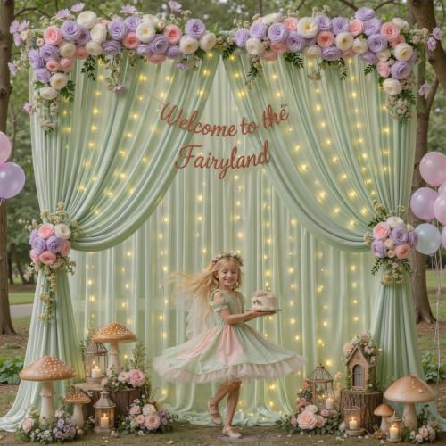 10ft x 10ft Sage Green Chiffon Backdrop Curtain with Lights String for Parties,2 Panels Sheer Tulle Curtain Wedding Backdrop for Baby Shower Birthday Party Ceremony Reception Home Decorations - Image 2