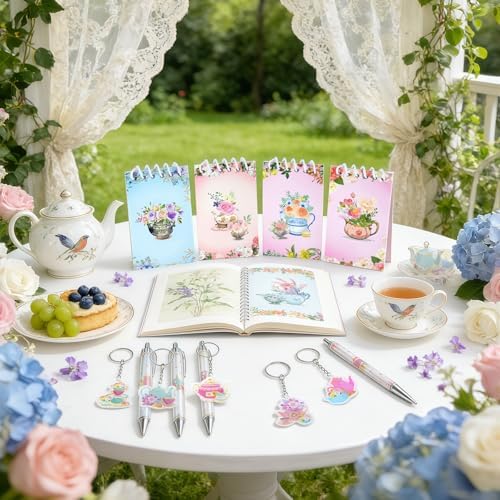 24 Pack Tea Party Favors for Guests Adults, Floral Notebook and Pen Set with Keychain & Gift Bag, Mini Tea Party Supplies for Bridal Shower Garden Party Birthday Wedding Office Gift, 6 Designs - Image 4