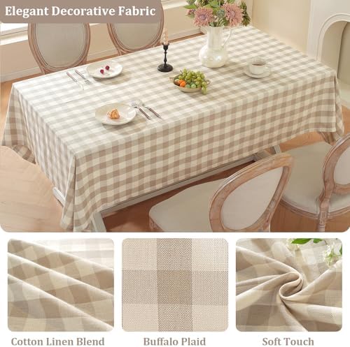 Laolitou Beige Checkered Tablecloth Rectangle Tables Buffalo Plaid Gingham Table Cloth Cotton Linen Rustic Tablecloths Washable Wrinkle Free for Party Picnic Kitchen, 60"x120" 10-12 Seats - Image 3