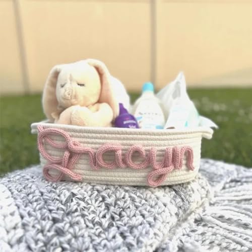 Personalized Cute Small Woven Basket with Handles, Custom Cotton Rope Room Shelf Storage Basket, Empty Decorative Gift Basket, Decorative Round Bin for Nursery Bedroom Bathroom (Style D) - Image 2