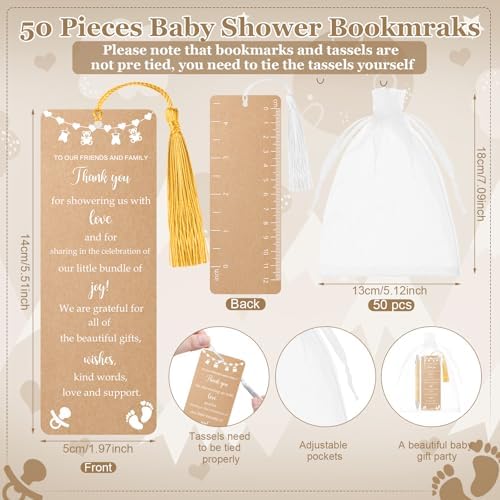Gilprop 50 Sets Kraft Brown Baby Shower Favors for Guests Includes 50 Baby Shower Ballpoint Pens 50 Thank You Bookmarks with Organza Bags for Gender Reveal Gifts Guest Prizes - Image 2