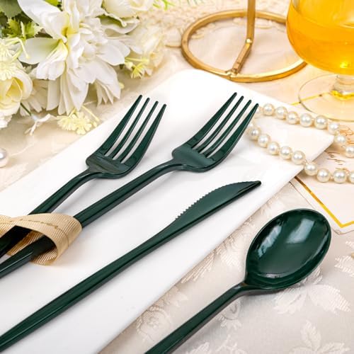 PULOTE 150PCS Green Plastic Silverware - Plastic Cutlery Set Disposable - Green Plastic Utensils Include 50 Forks, 50 Spoons, 50 Knives for Party&Christmas - Image 3