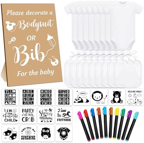 Chuarry 43 Pcs Baby Shower Kit, 8 Onesies 8 Bibs Markers 16 Stencils by Chuarry