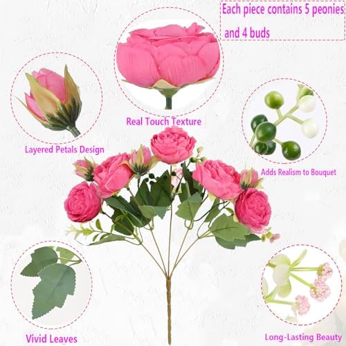 Peonies Artificial Flowers Bouquet, Lifelike Silk Fake Peonies with Stems for Home Table Centerpieces, Wedding, Party & DIY Bridal Floral Arrangements (12, Rose red) - Image 5