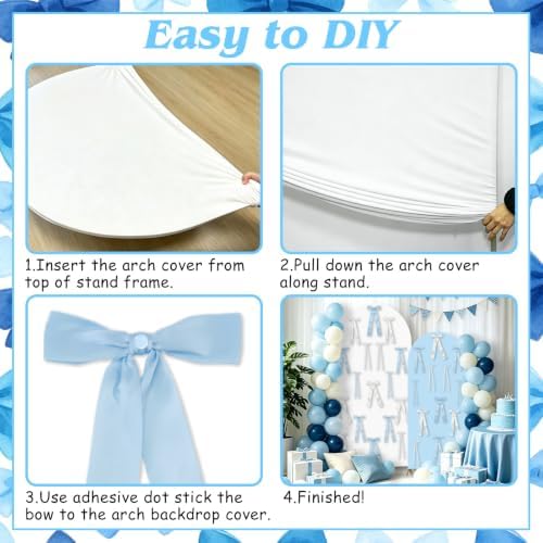 2PCS Blue Bows Arch Backdrop Covers Kit (6FT+5FT), Blue White Photography Background Stand Covers with 44 Satin Bows for Bridal Baby Shower Birthday Party 3D Bowknot Photo Booth Decor - Image 4