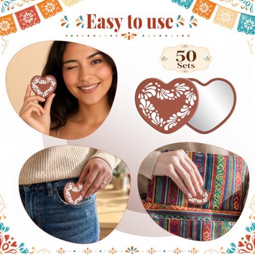 50 Set Cielito Lindo Mexican Baby Shower Party Favors, Heart-Shaped Mirrors with Organza Bags & Thank You Cards, Brown Talavera Party Gifts Bulk for Guests Bridal Shower Wedding Gender Reveal Party - Image 7