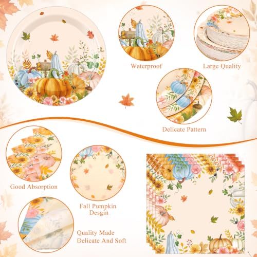 250 Pcs Fall Pumpkins Autumn Party Supplies, Paper Plates Napkins and Cups - Image 3