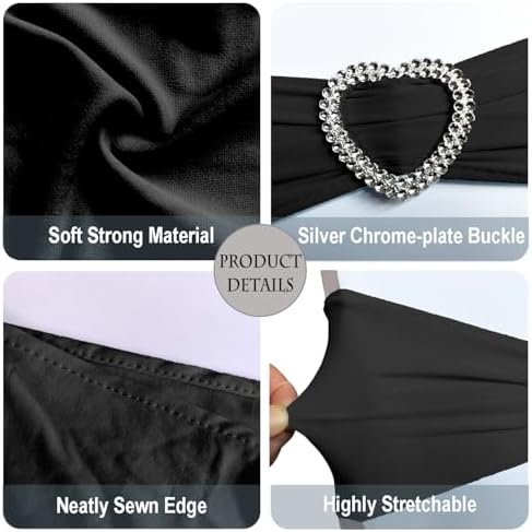 Black Chair Sashes 60 Pack Spandex Black Sashes for Chairs Universal Chair Sashes Bands with Heart Buckle Slider for Wedding Banquet Party Decorations - Image 3