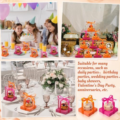 Gerrii 100 Pcs Clear Plastic Individual Cupcake Boxes 3.5" Single Cupcake Containers Transparent Ornament Gift Box with Inserts and Ribbon for Wedding Baby Shower Party Favor (Orange and Hot Pink) - Image 6