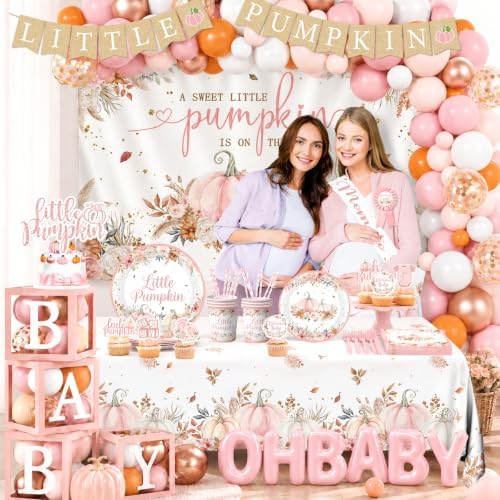 Pink Little Pumpkin Baby Shower Decorations Girl, All-in-1 Boho A Sweet Little Pumpkin is On The Way Balloon Arch with Baby Boxes Plates Napkins Cake Toppers Tablecloth Backdrop for Fall Thanksgiving - Image 4