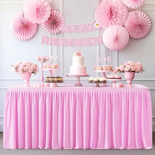 Pink Polyester Table Clothes for 8 Foot Rectangle Tables, Wrinkle Free Fitted Table Cover 8ft Stretch Tablecloths with Skirt for Parties Weddings Birthday Banquet Baby Shower - Image 5