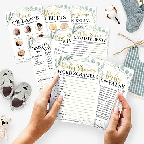 Hadley Designs 75 Greenery Who Knows Mommy Best, Baby Prediction and Advice Cards, 25 True Or False, Word Scramble For Baby Shower Ideas-8 Double Sided Cards Games Funny, Baby Shower Party Supplies - Image 2
