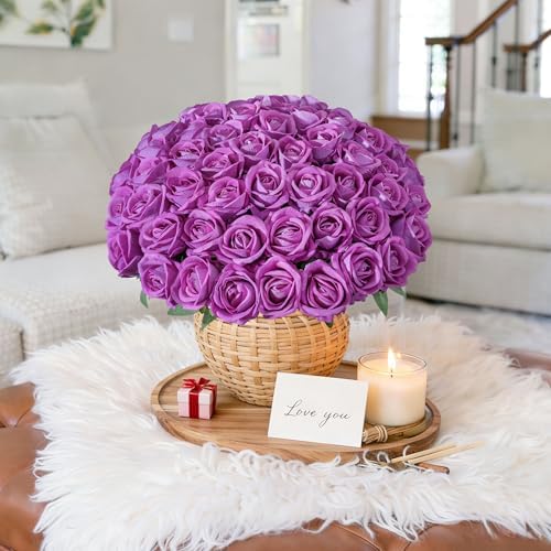 50 PCS Fuchsia Roses Artificial Flowers, Fake Roses with Stem Realistic Silk Roses for DIY Wedding Bouquets Table Centerpieces Arrangements Baby Shower Birthday Home Decor Valentine's Day Gift for Her - Image 4