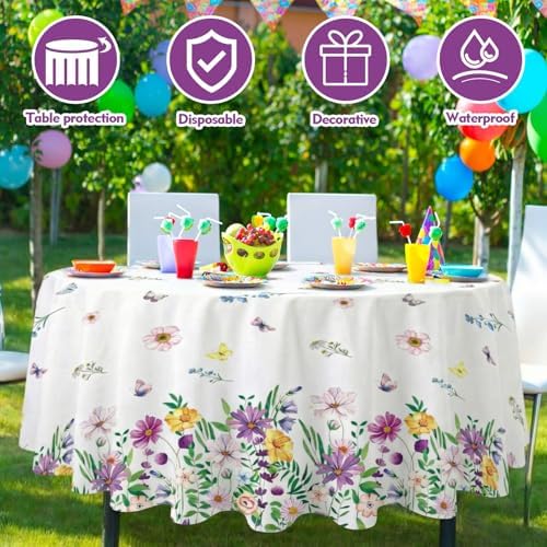Ganeen 12 Pcs Wildflower Plastic Tablecloth 84 in Spring Round Tablecloths - Image 4