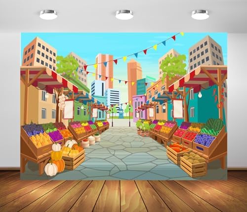BELECO 10x6.5ft Fabric Cartoon Farmers Market Backdrop Fresh Farm Vegetables and Fruits, Farmers Market Stall Background for Themed Party Decorations Birthday Baby Shower Photoshoot Studio Props - Image 2