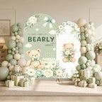 2PCS We Can Bearly Wait Arch Backdrop Covers Sage Green Bear Floral Arched Fabric Banner 7.2ft 6.6ft Bear Theme Cake Bow Arch Stand Cover for We Can Bearly Wait Baby Shower Decorations - Image 3