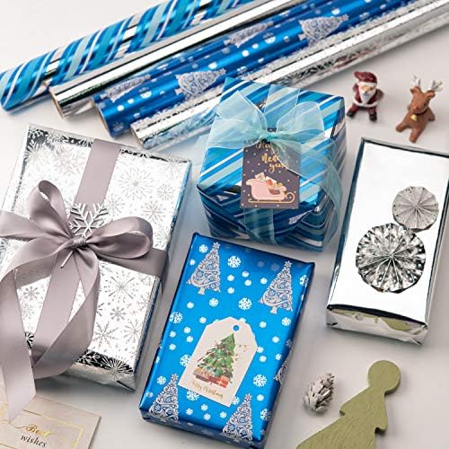 WRAPAHOLIC Blue Christmas Wrapping Paper Set - Blue and Silver Metallic Foil Shine Christmas Wrapping Paper Bundle with Gift Bow & Ribbon & Tag & Sticker - Image 2