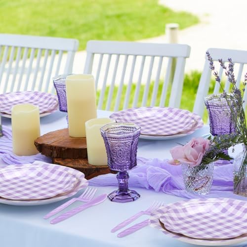 Funnymoom 400 Pcs Gingham Party Supplies for 50 Guests Purple and White Paper Plates and Napkins Knives Spoons Forks Cups Disposable Checkered Dinner Party Set Cutlery for Baby Shower Wedding Favor - Image 4