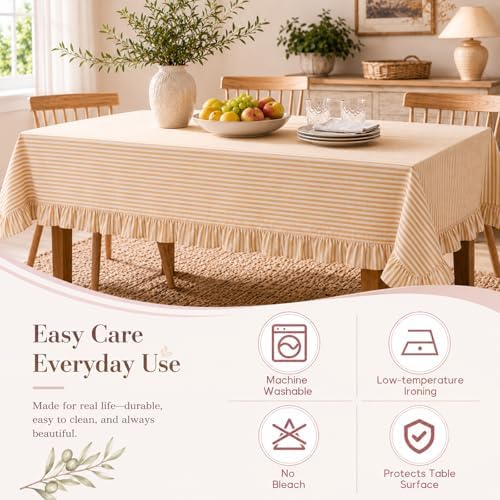 Yellow White Striped Ruffled Tablecloth Rectangle 55" x 70" Farmhouse Washed Cotton Table Cloth with Short Ruffle Cottage Table Cover for Boho Dining Room Kitchen Picnic Home Party Decoration - Image 5
