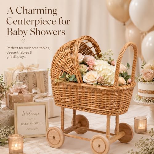 Large Wicker Baby Carriage Basket for Baby Shower Decor - 21.9-Inch - Image 4