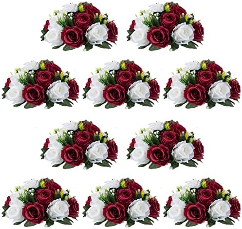 NUPTIO Flower Centerpieces for Tables, Fake Rose Balls, Burgundy & White by Nuptio