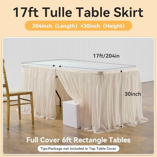 204in Champagne Gold Tulle Table Skirts for Rectangle Tables 8ft 6ft, 2-Layer Beige Ruffle Tulle Tutu Cloth Table Skirt 17ft for Wedding Party Birthday Baby Shower Cake Dessert(No Table Cover) - Image 5