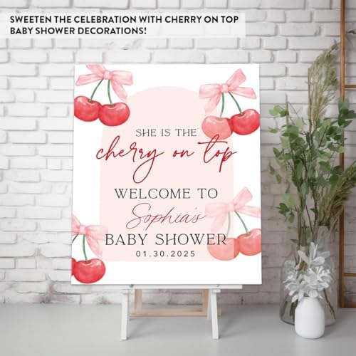 Andaz Press Personalized She's The Cherry on Top Baby Shower Decorations, Custom Modern Arch Cherry Themed Party Decorations Baby Shower Welcome Sign Decor, 16x20 Inch - Image 3