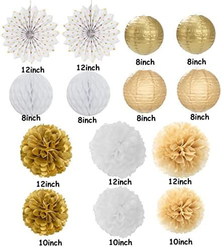 52Ft White-Gold Champagne Party-Decorations Heart Streamers Garland with 14pcs Christmas Wedding Engagement Paper Lanterns Fan,Tissue Pom Poms,Honeycomb Balls - Image 3