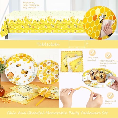 Party Inspo Bee Baby Shower Decorations, Honey Bee Baby Shower Supplies, A Little Honey Bee is On The Way Decorations Backdrop Balloon Banner Tablecloth Cake Topper Plates Napkins Forks Yellow 203PCs - Image 5