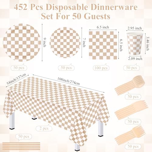 Funnymoom 452 Pcs Beige and Brown Gingham Party Supplies for 50, Beige Checkered Plaid Paper Plates Napkins Cups Tablecloth Cutlery Straws for Picnic Camping Birthday Baby Shower Decoration - Image 3