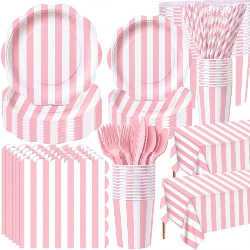 Funnymoom 434 Pcs Pink Striped Party Decorations Scalloped Plates Serves 48 by Funnymoom