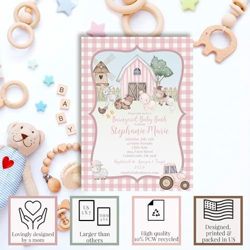 Amanda Creation Farm Baby Shower Girl Invitations, 20 Custom 5x7 Personalized Barnyard Baby Shower Invitations with Envelopes - Image 2
