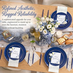 KIRE 175Pcs Blue Plastic Plates with Silver Rim & Disposable Silverware with Blue Handle & Silver-rim Cups & Hand Napkin & Plastic Dinnerware for Parties/Wedding - Image 2