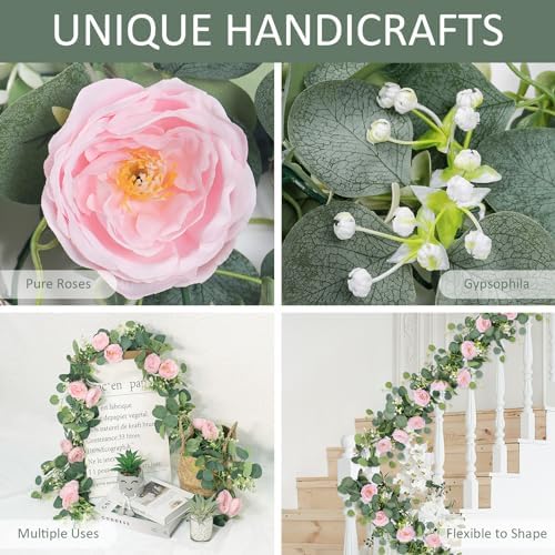 TOCHGREEN 2 Pack 13Ft Artificial Eucalyptus Flower Garland with Pink Roses - Image 4