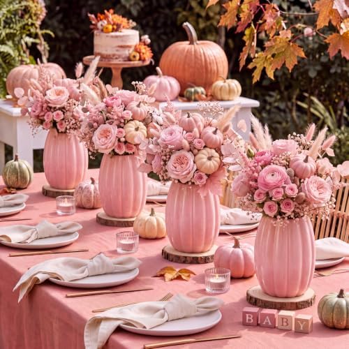 Rtteri 6 Set 5.12" Ceramic Pumpkin Vase with Wood Slices Glazed Fall Flower Pots for Autumn Home Decor Smooth Pottery Planter Pack for Thanksgiving Tabletop Decoration Housewarming Gifts (Pink) - Image 6