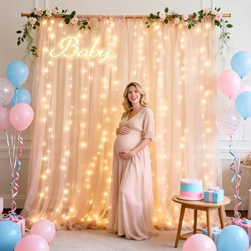 Ledido 10×8ft Champagne Tulle Backdrop Curtains with Lights(4 Panels 5×8ft) - Image 6
