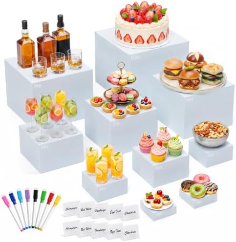 10 Pcs White Buffet Risers with Mini Sign and Marker, Food Risers Display Stands for Buffet Table Party Catering Dessert Jewelry Collectibles,Cube Nesting Boxes with Hollow Bottoms 8 Sizes (10" 9" 8" 7" 6" 5" 4" 4" 3" 3") by URLINE