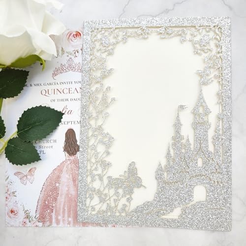 20PCS Castle Pocket Invitations, Quinceanera Invitations with Envelopes, Princess Invitation, Laser Cut quince invites (glitter silver) - Image 4
