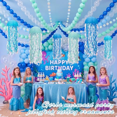208 Pcs Under the Sea Birthday Party Mermaid Decorations Set 6 Hanging Jellyfish Paper Lanterns 200 Blue Balloon 2 Iridescent Circle Garland for Ocean Beach Party Baby Shower Classroom - Image 5
