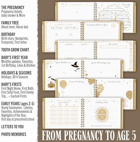 Book Keepsake, Baby Memory Book From Pre-Birth to 5th Year, with 2 Photo Pockets, Milestone Stickers, Hand/Footprint Inkpad, Information Card, Baby Album and Memory Book for Girls or Boys - Image 5