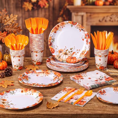 Honeydak 210 Pcs Fall Pumpkin Paper Plates Napkins for 30 Guests - Image 2
